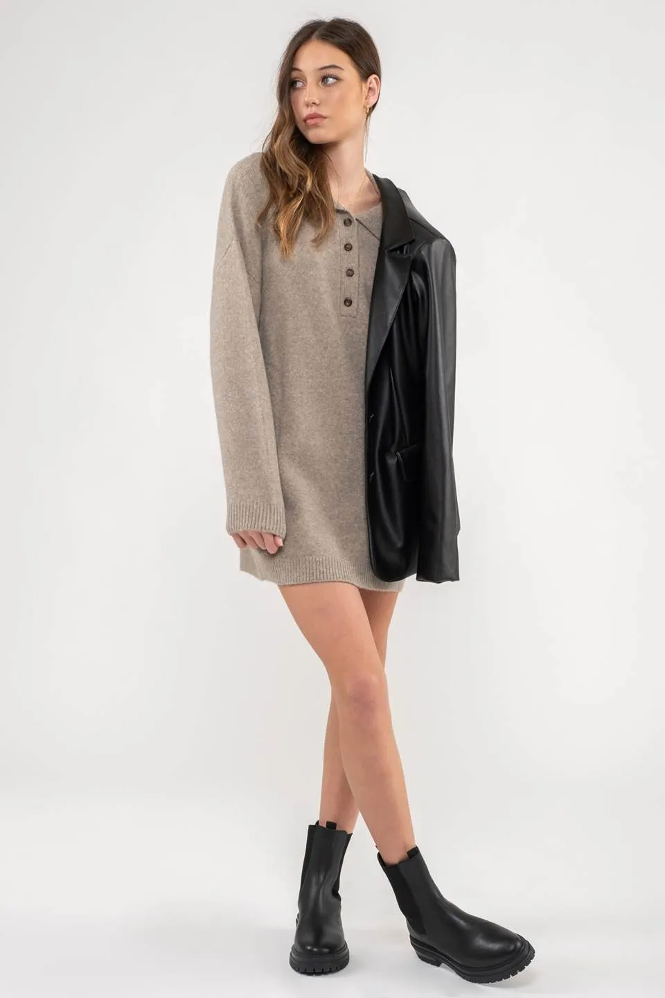 COLLARED DROP SHOULDER MINI SWEATER DRESS