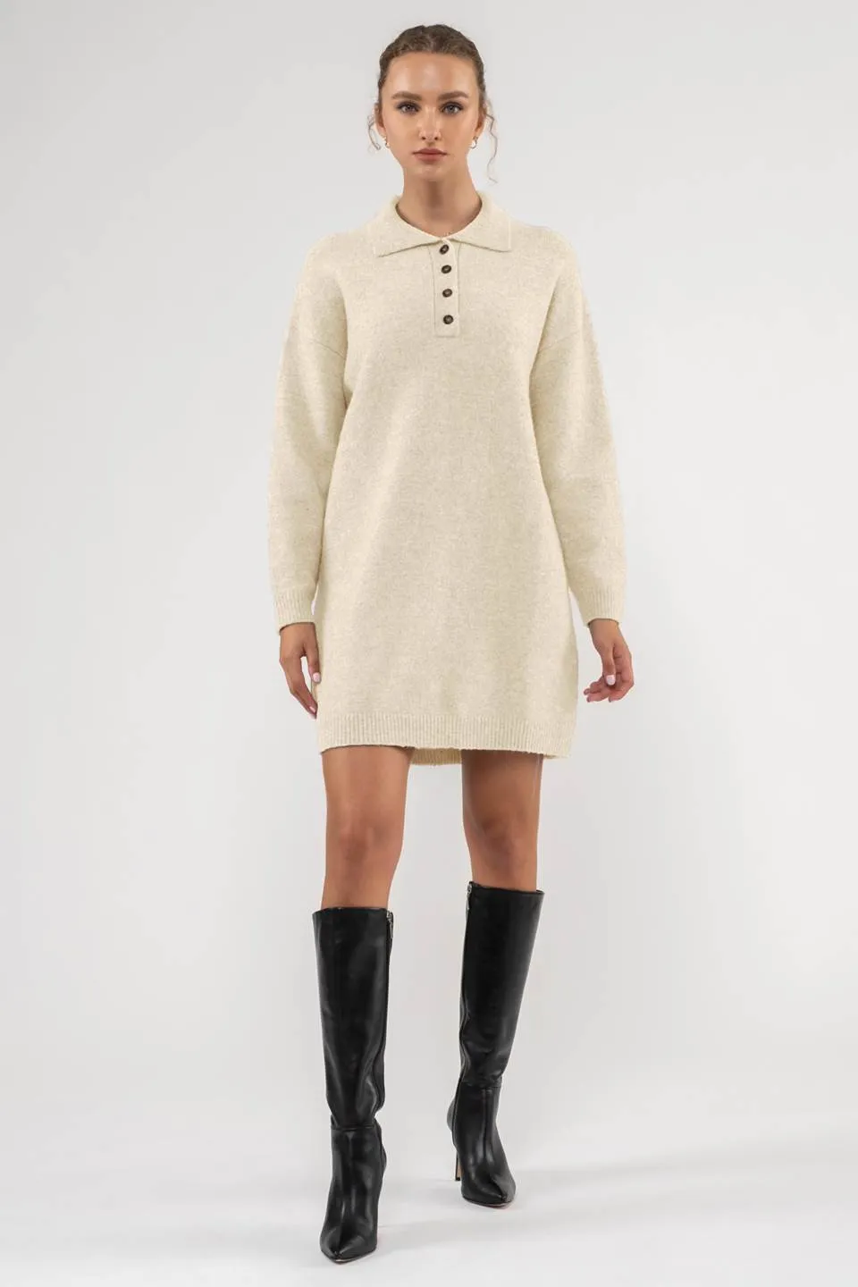 COLLARED DROP SHOULDER MINI SWEATER DRESS