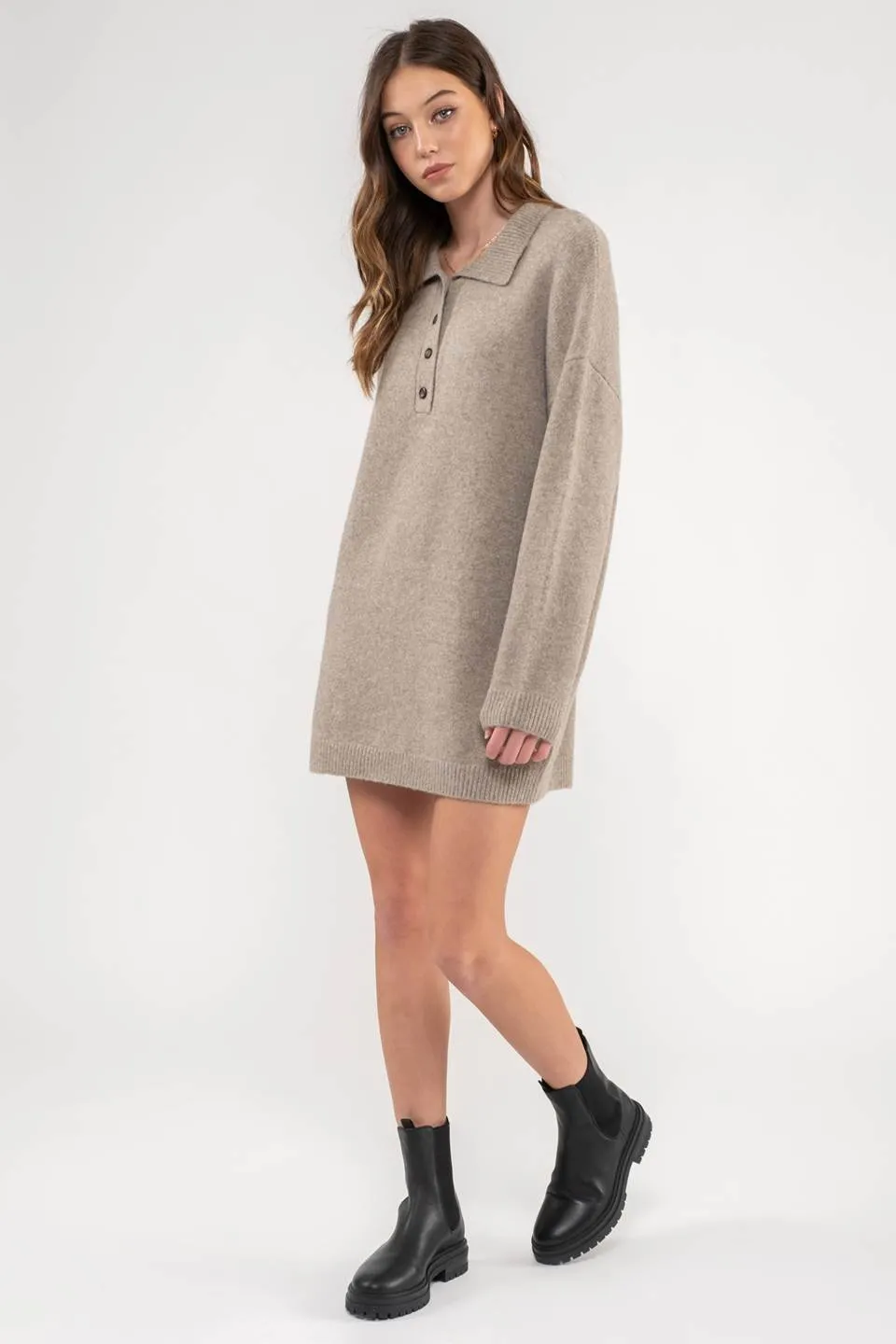 COLLARED DROP SHOULDER MINI SWEATER DRESS