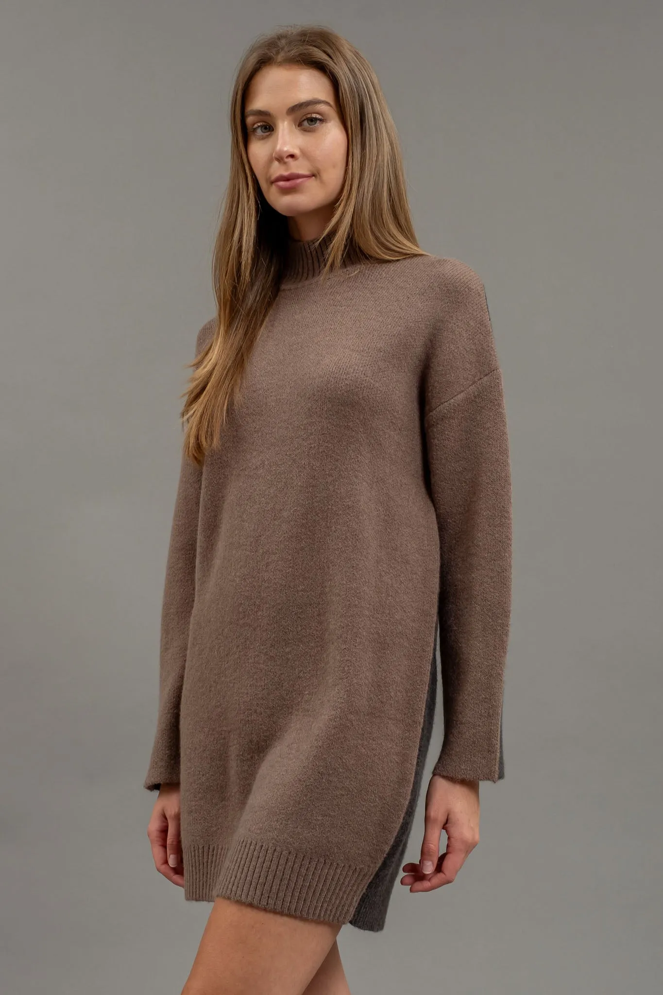 COLORBLOCK MOCK NECK LONG SLEEVE SWEATER DRESS