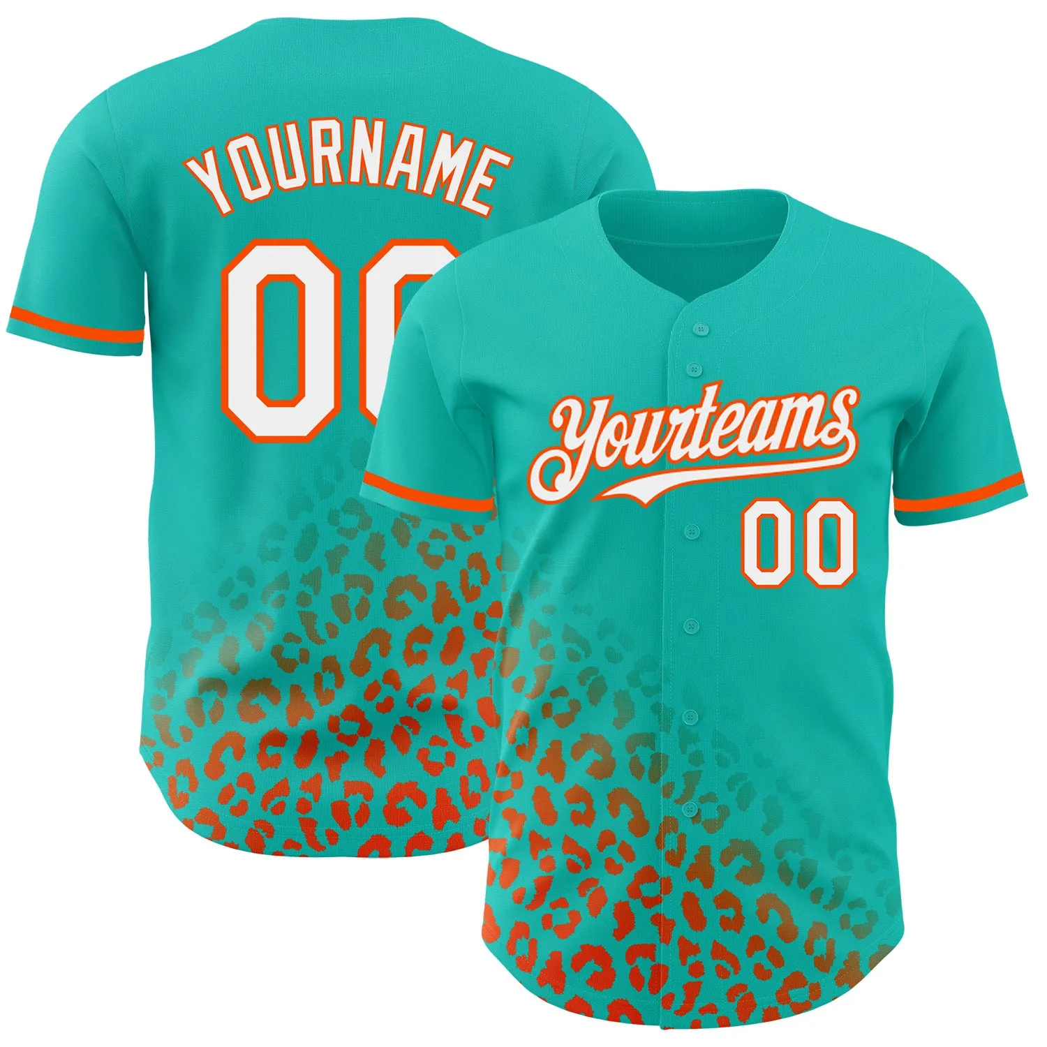 Custom Aqua White-Orange 3D Pattern Design Leopard Print Fade Fashion Authentic Baseball Jersey