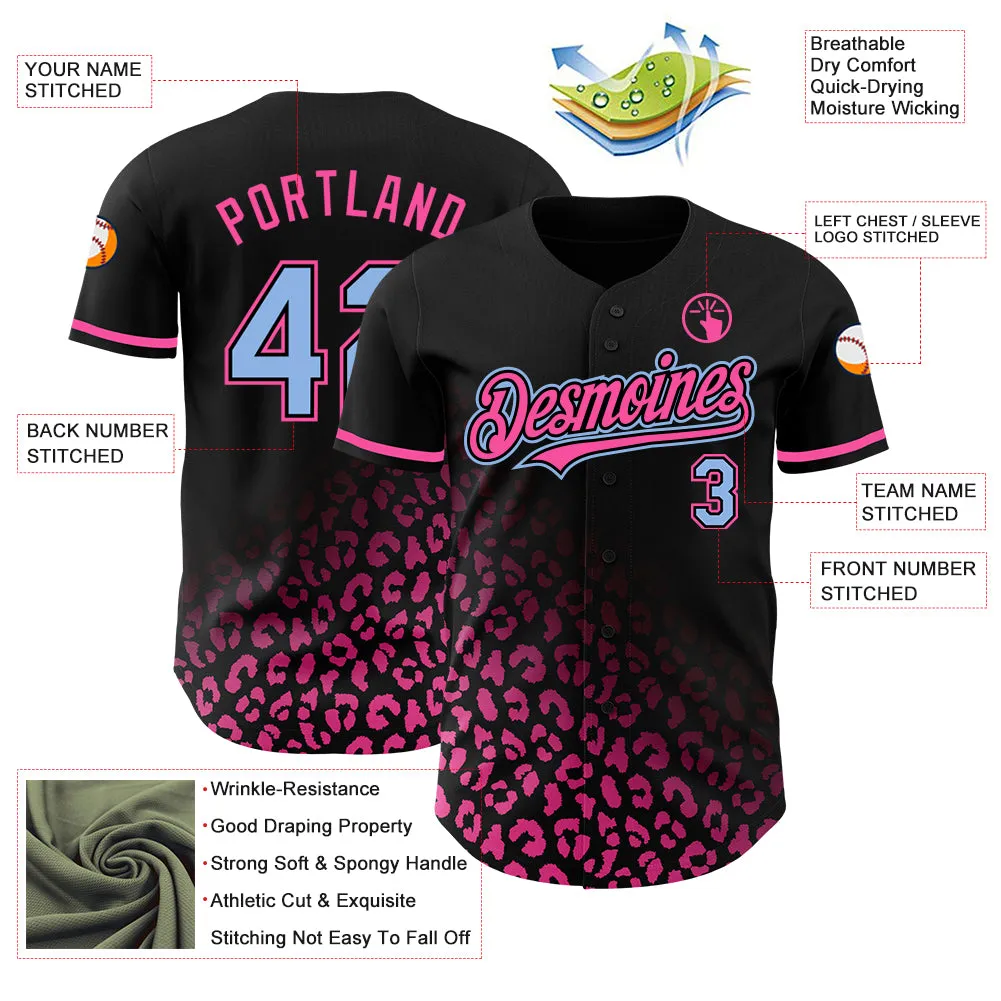 Custom Black Light Blue-Pink 3D Pattern Design Leopard Print Fade Fashion Authentic Baseball Jersey