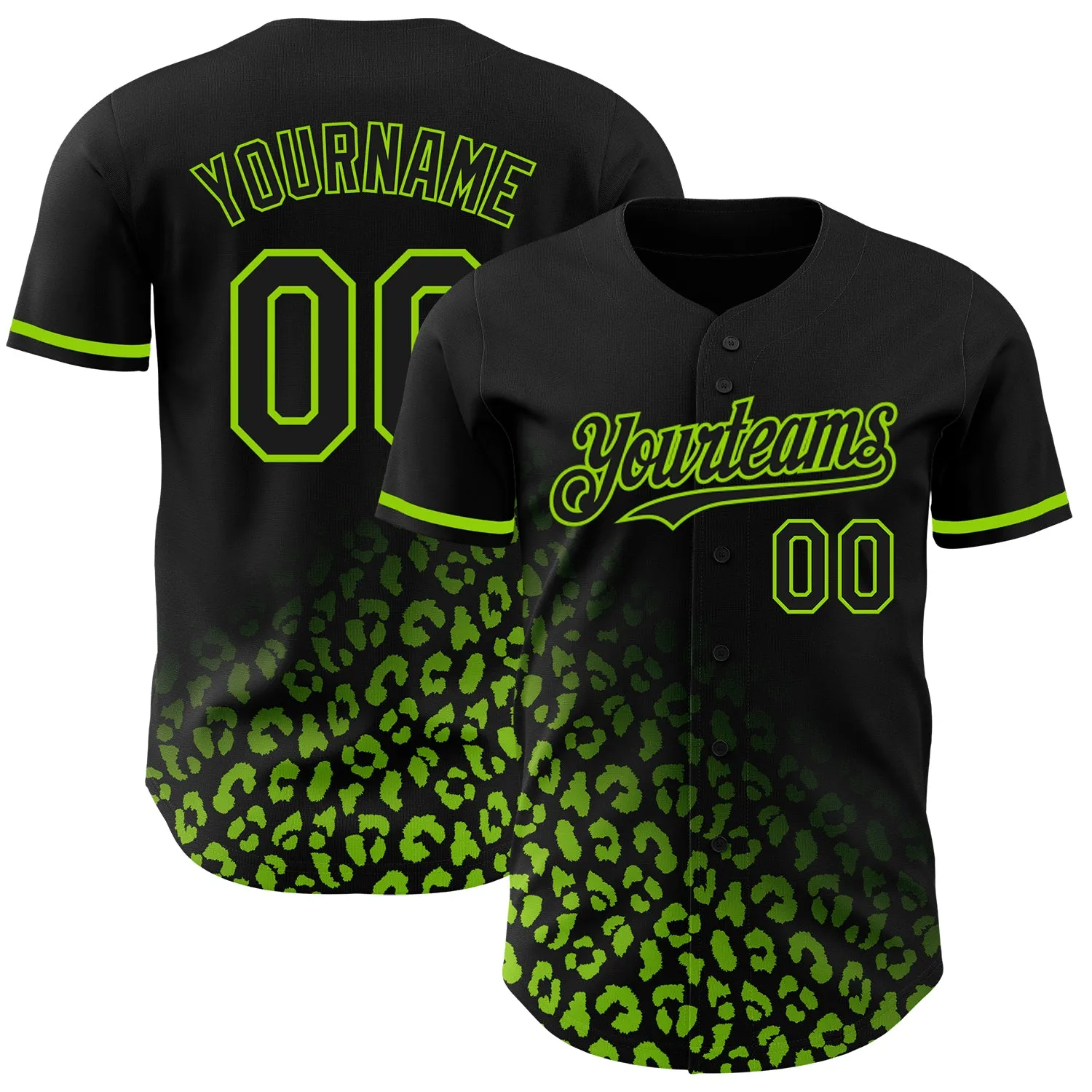 Custom Black Neon Green 3D Pattern Design Leopard Print Fade Fashion Authentic Baseball Jersey