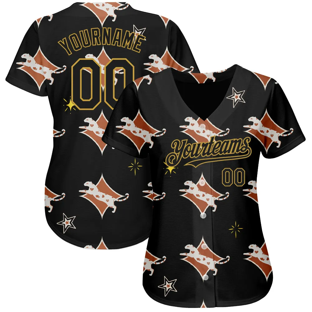 Custom Black Old Gold 3D Pattern Design Leopard Authentic Baseball Jersey