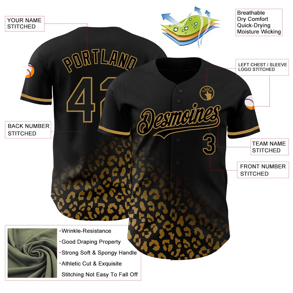 Custom Black Old Gold 3D Pattern Design Leopard Print Fade Fashion Authentic Baseball Jersey