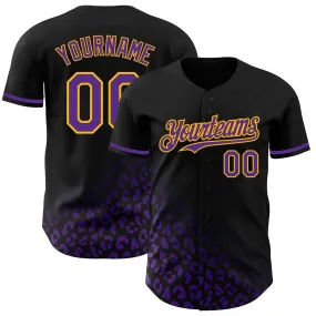 Custom Black Purple-Gold 3D Pattern Design Leopard Print Fade Fashion Authentic Baseball Jersey