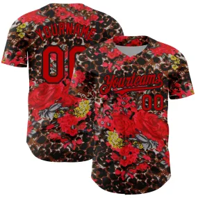 Custom Black Red 3D Pattern Design Northeast China Big Flower And Leopard Print Authentic Baseball Jersey