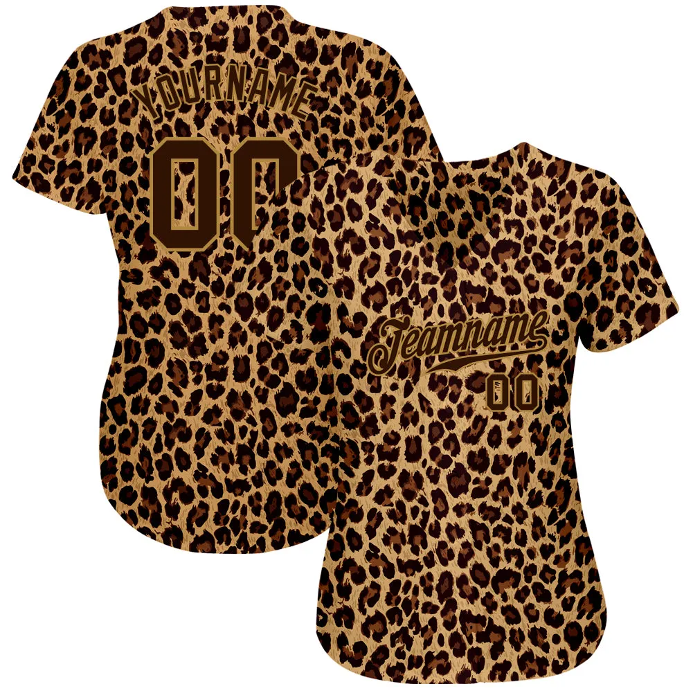 Custom Brown Brown-Old Gold 3D Pattern Design Leopard Authentic Baseball Jersey