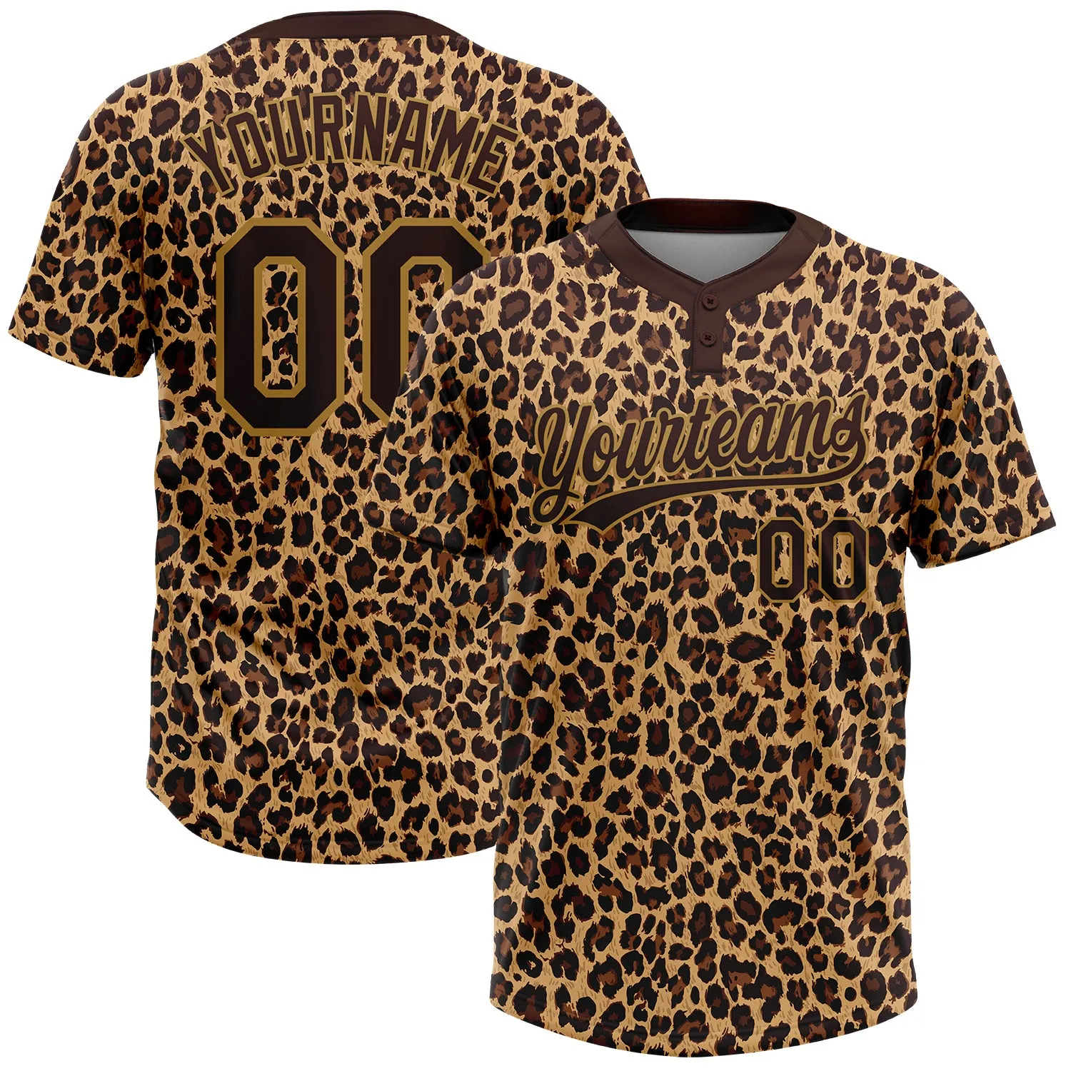 Custom Brown Brown-Old Gold 3D Pattern Design Leopard Two-Button Unisex Softball Jersey