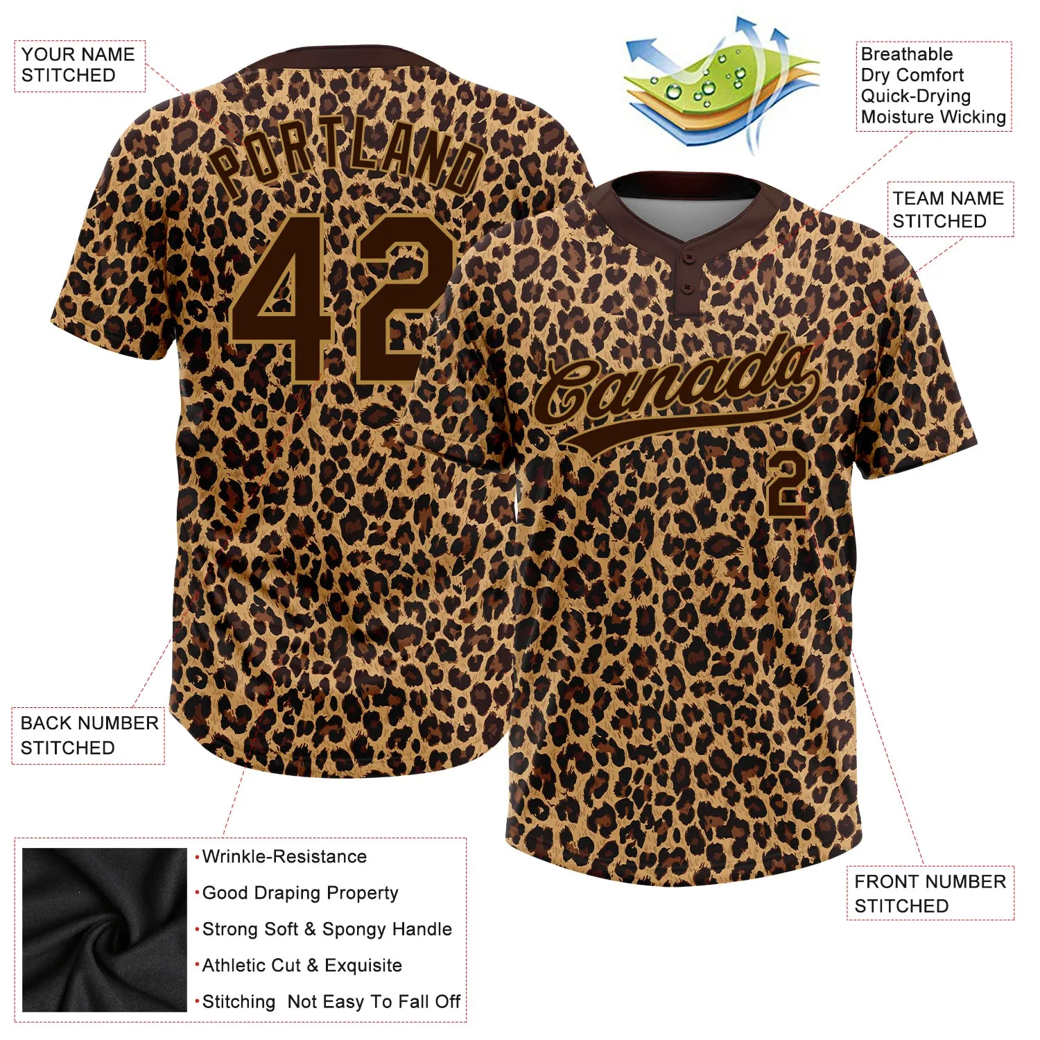 Custom Brown Brown-Old Gold 3D Pattern Design Leopard Two-Button Unisex Softball Jersey