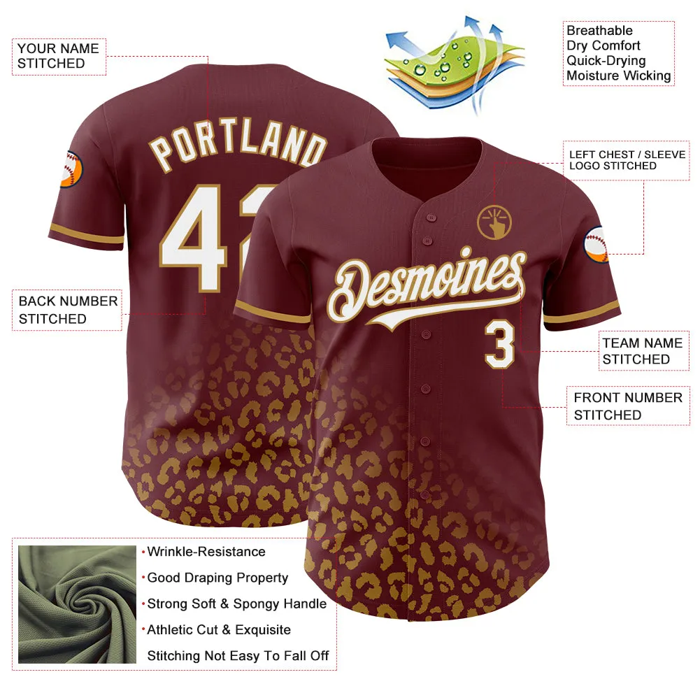 Custom Burgundy White-Old Gold 3D Pattern Design Leopard Print Fade Fashion Authentic Baseball Jersey