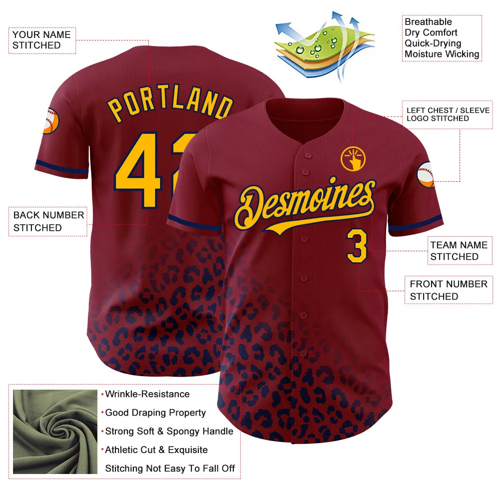 Custom Crimson Gold-Navy 3D Pattern Design Leopard Print Fade Fashion Authentic Baseball Jersey