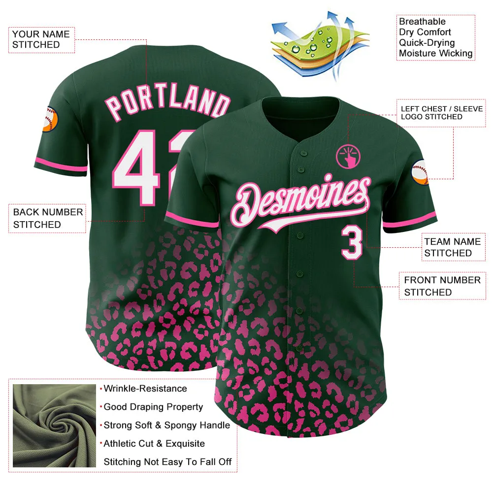 Custom Green White-Pink 3D Pattern Design Leopard Print Fade Fashion Authentic Baseball Jersey