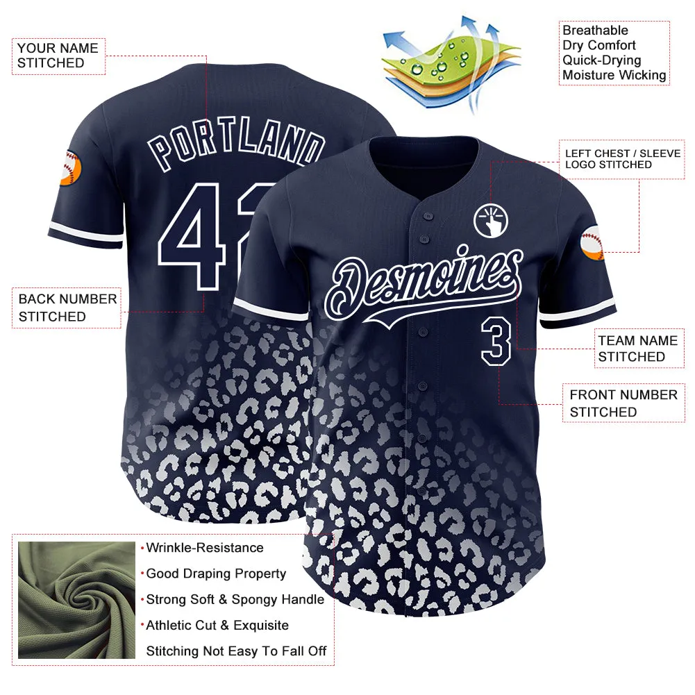 Custom Navy White 3D Pattern Design Leopard Print Fade Fashion Authentic Baseball Jersey