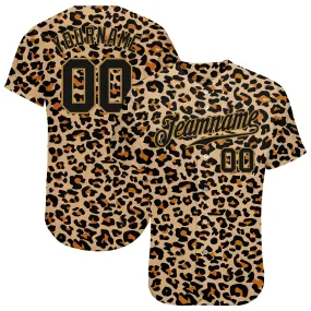 Custom Old Gold Black-Old Gold 3D Pattern Design Leopard Authentic Baseball Jersey