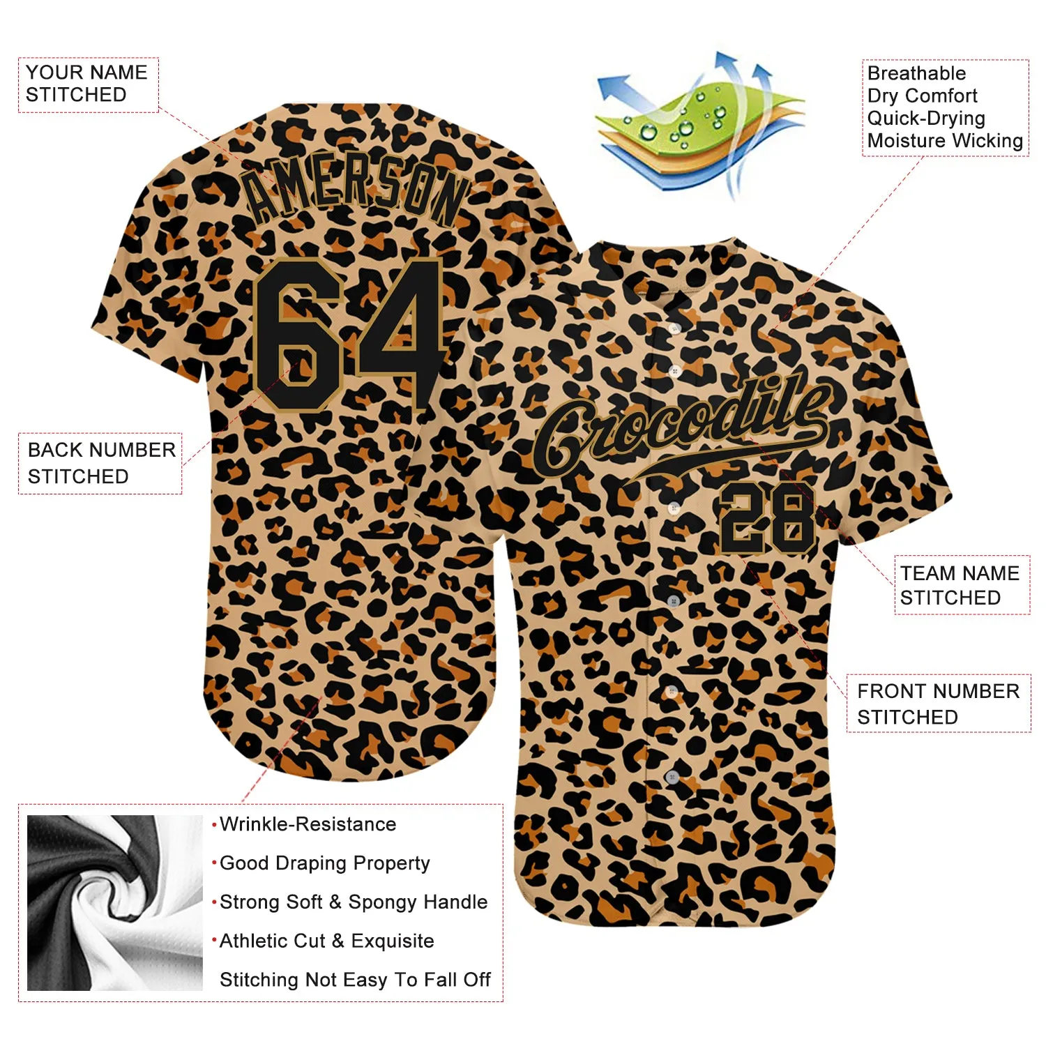 Custom Old Gold Black-Old Gold 3D Pattern Design Leopard Authentic Baseball Jersey