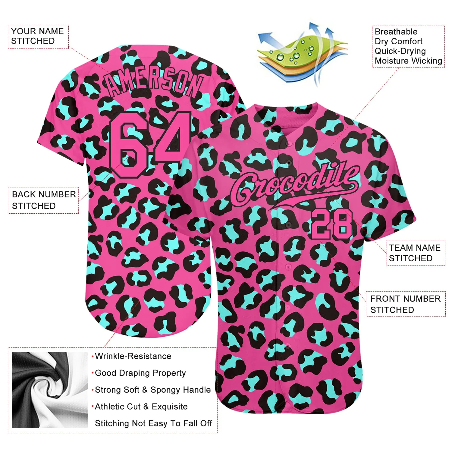 Custom Pink Pink-Black 3D Pattern Design Leopard Authentic Baseball Jersey