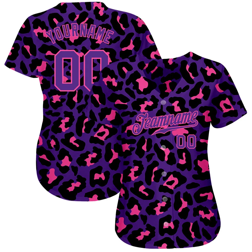 Custom Purple Purple-Pink 3D Pattern Design Leopard Authentic Baseball Jersey