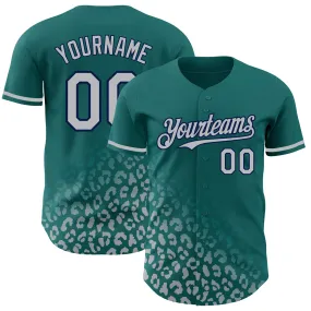 Custom Teal Gray-Navy 3D Pattern Design Leopard Print Fade Fashion Authentic Baseball Jersey