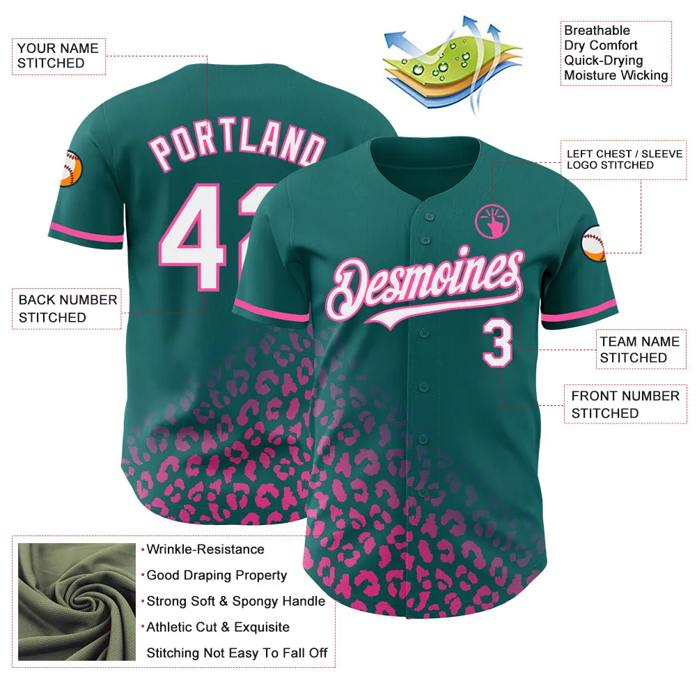 Custom Teal White-Pink 3D Pattern Design Leopard Print Fade Fashion Authentic Baseball Jersey