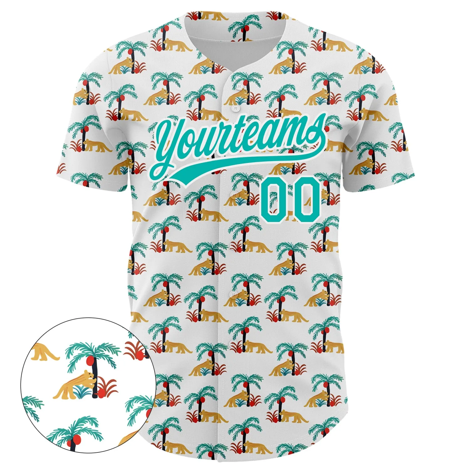 Custom White Aqua 3D Pattern Design Animal Leopard And Hawaii Palm Trees Authentic Baseball Jersey