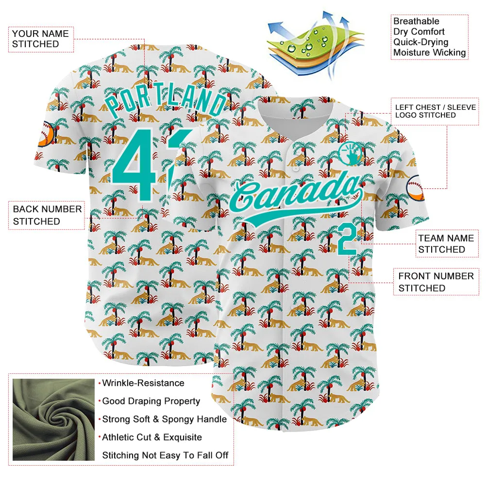 Custom White Aqua 3D Pattern Design Animal Leopard And Hawaii Palm Trees Authentic Baseball Jersey