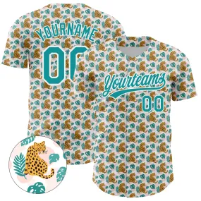 Custom White Teal 3D Pattern Design Animal Leopard Authentic Baseball Jersey