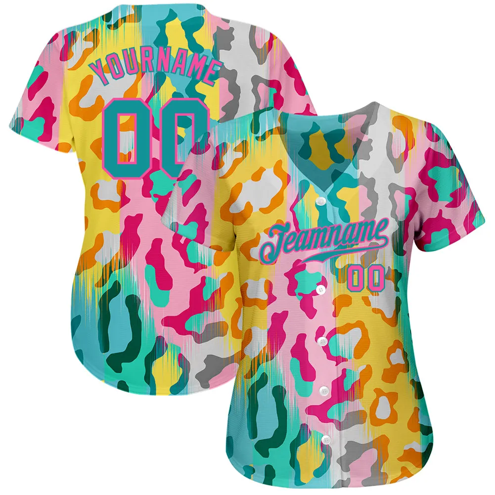 Custom White Teal-Pink 3D Pattern Design Leopard Authentic Baseball Jersey