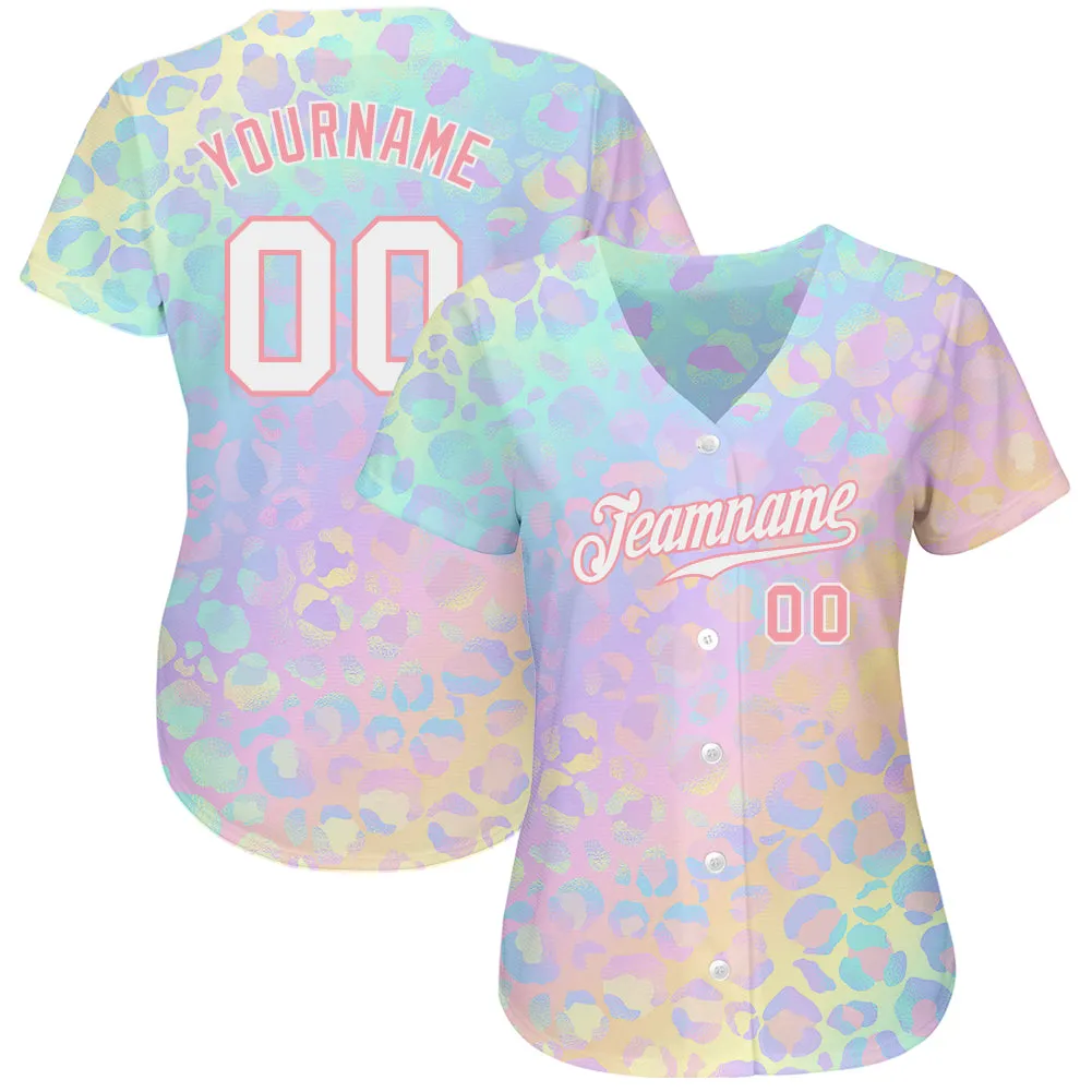 Custom White White-Medium Pink 3D Pattern Design Leopard Authentic Baseball Jersey