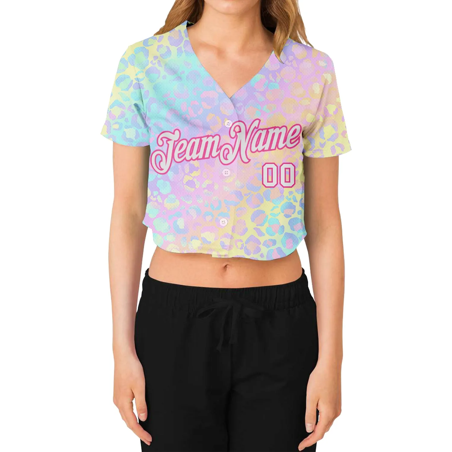 Custom Women's Pink White Leopard 3D V-Neck Cropped Baseball Jersey