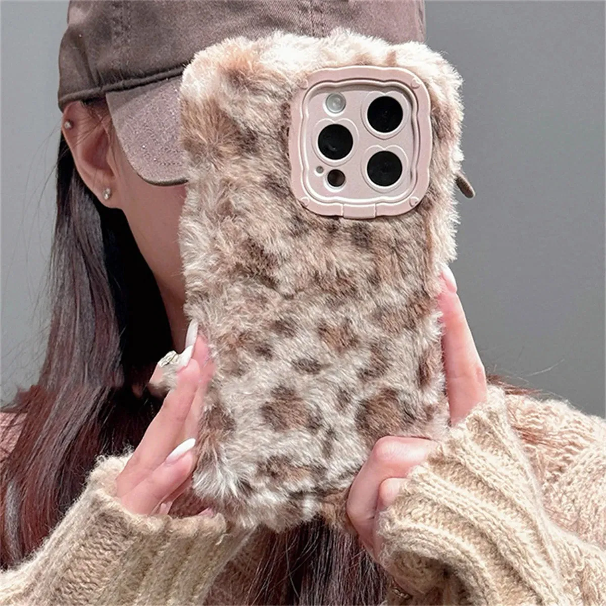 Cute Phone Cases for iPhone 16, 15, 14, or 13 Pro Max - Fluffy Plush Leopard Print - TSP439