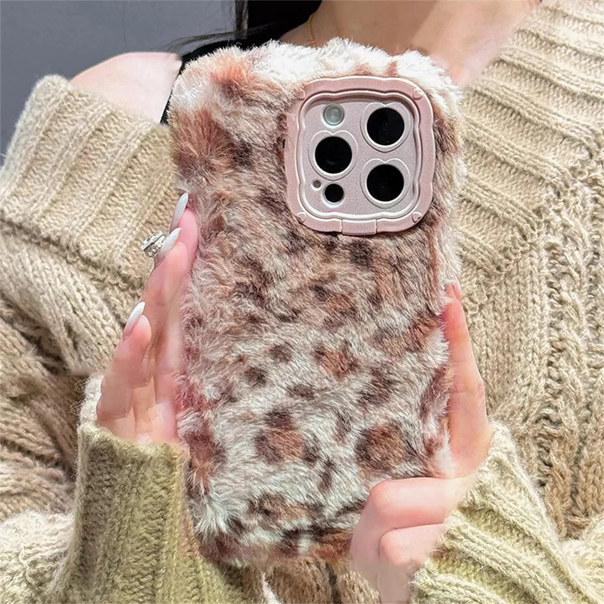 Cute Phone Cases for iPhone 16, 15, 14, or 13 Pro Max - Fluffy Plush Leopard Print - TSP439