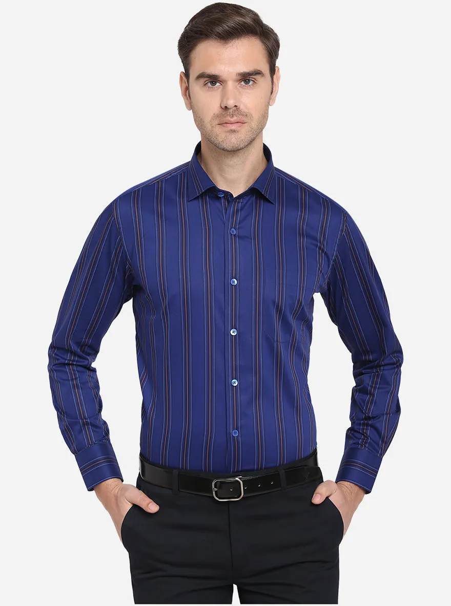 Dark Blue Striped Slim Fit Formal Shirt | Metal