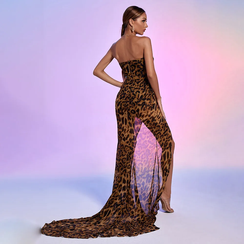 Deep V  Leopard Chiffon Maxi Dress