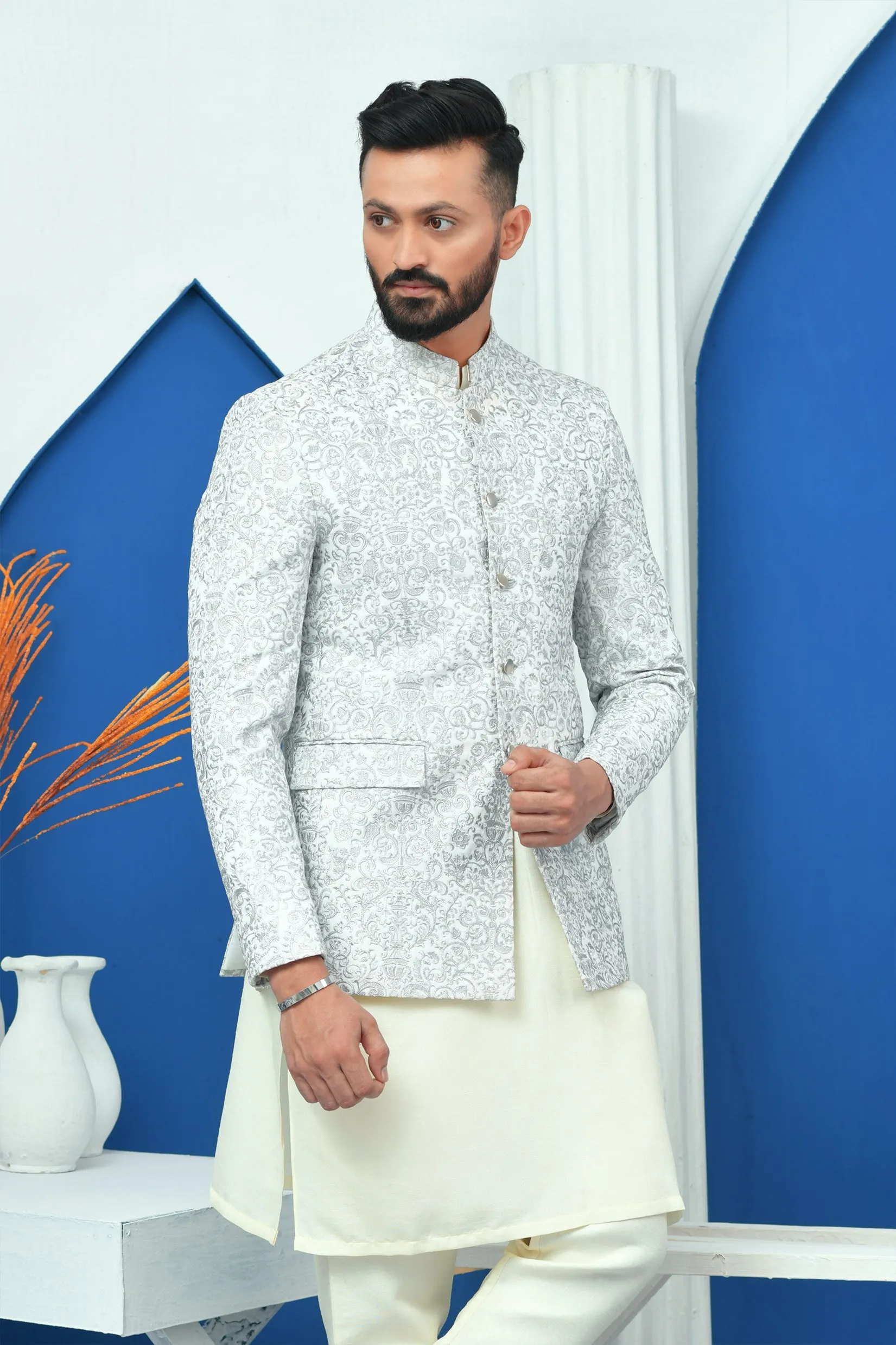 ER PC 2023 White & Silver Zari Work  Prince Coat