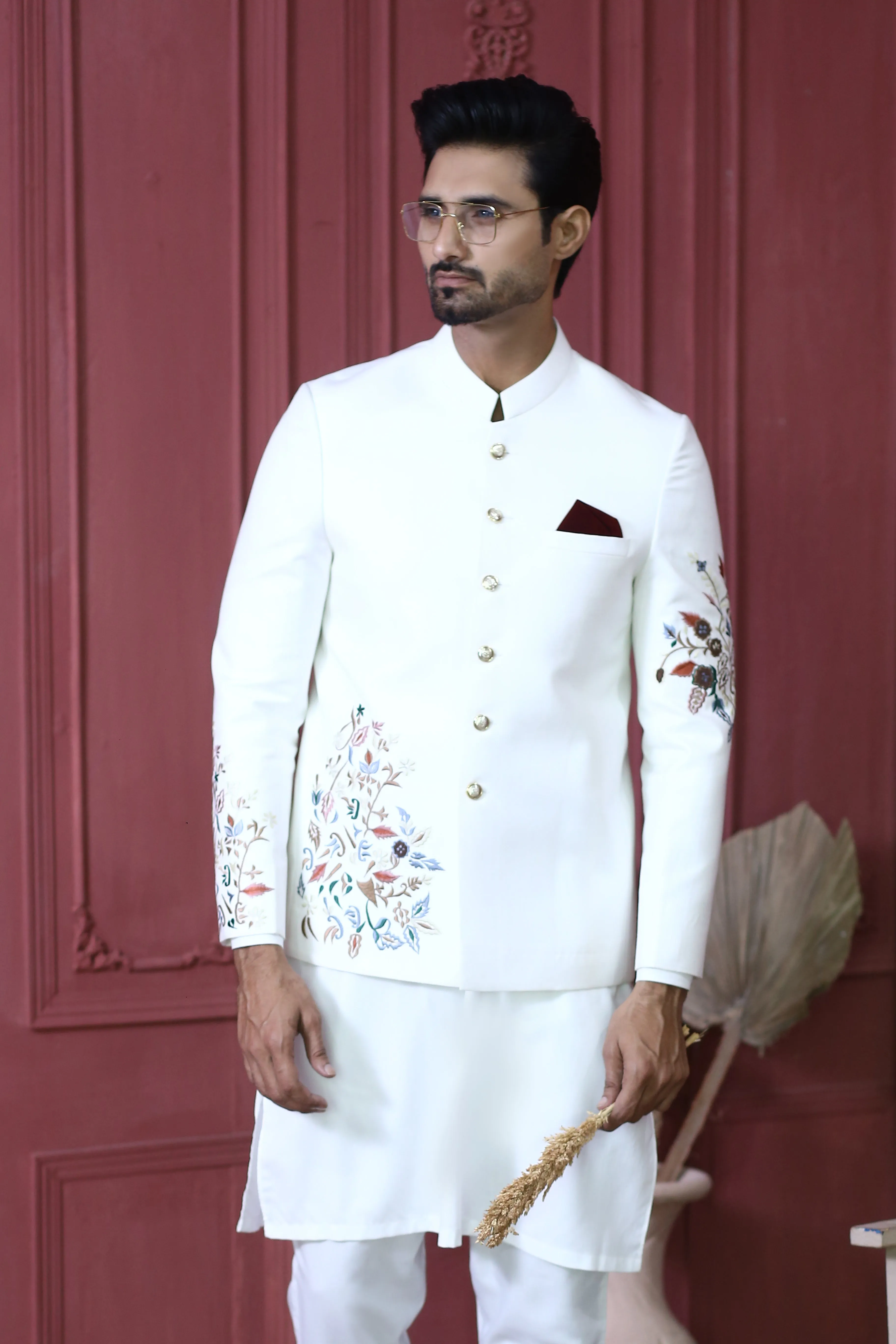 ER PC 3002 White Flower Embroided Nikkah Prince Coat For Men