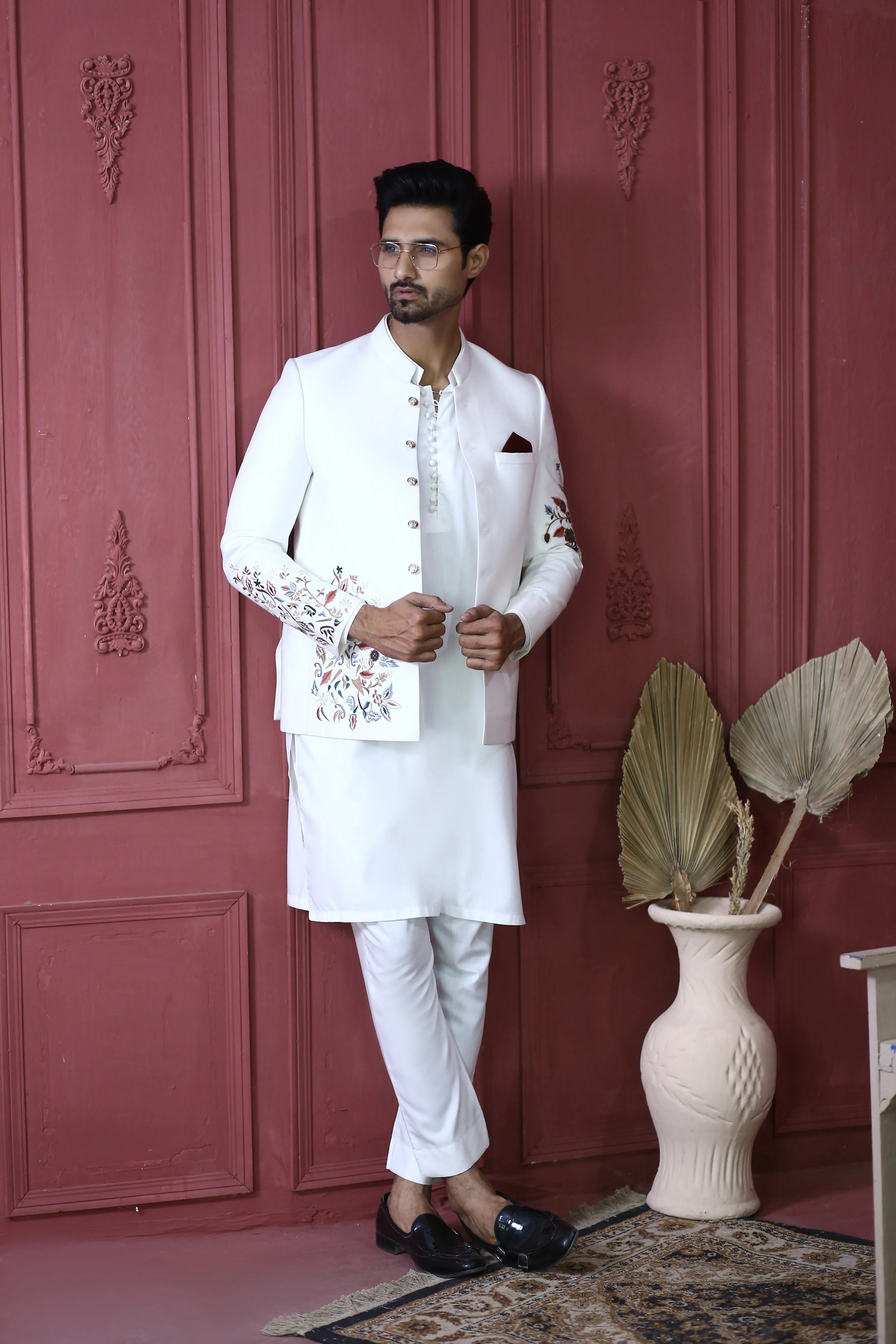 ER PC 3002 White Flower Embroided Nikkah Prince Coat For Men