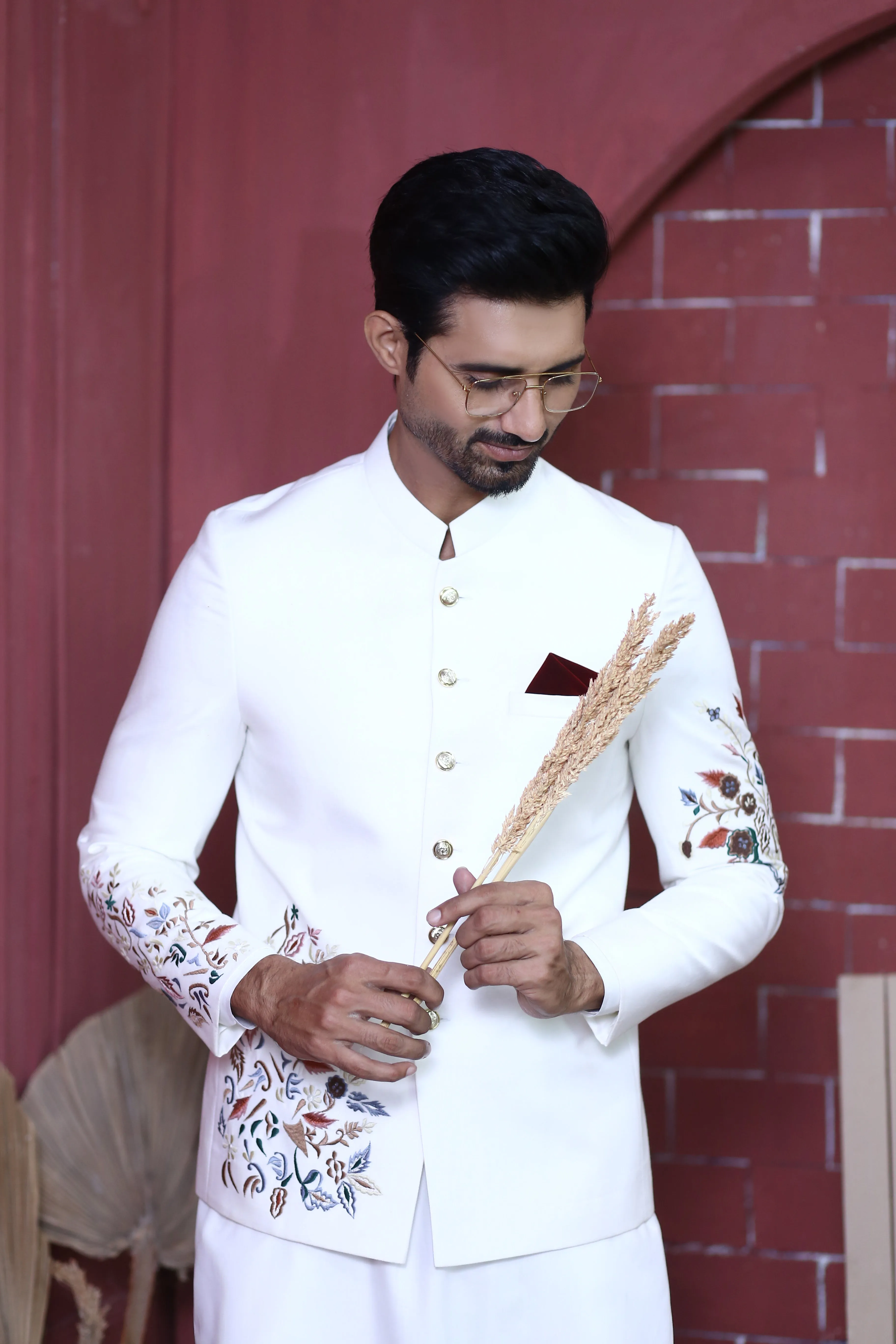 ER PC 3002 White Flower Embroided Nikkah Prince Coat For Men