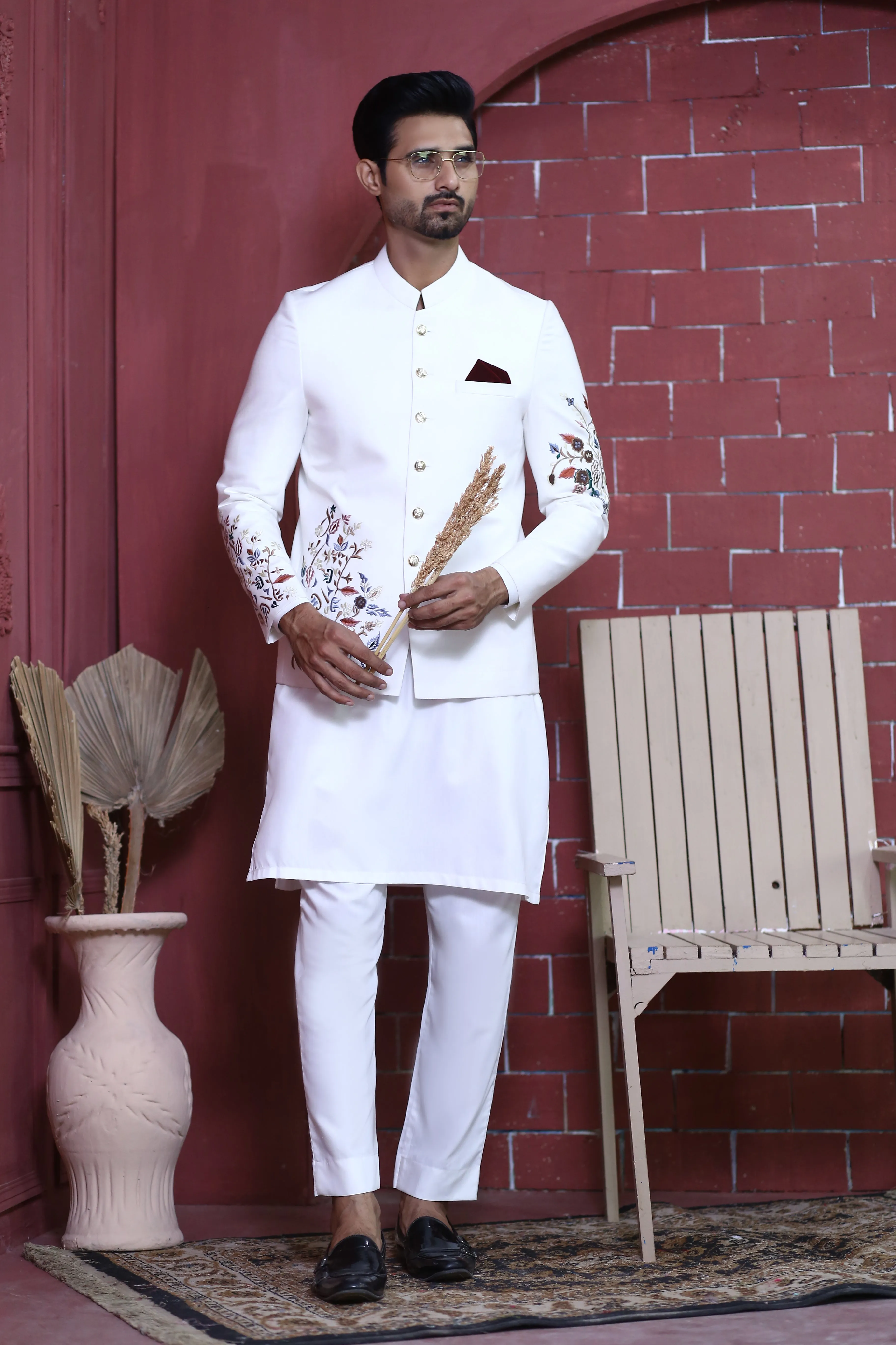 ER PC 3002 White Flower Embroided Nikkah Prince Coat For Men