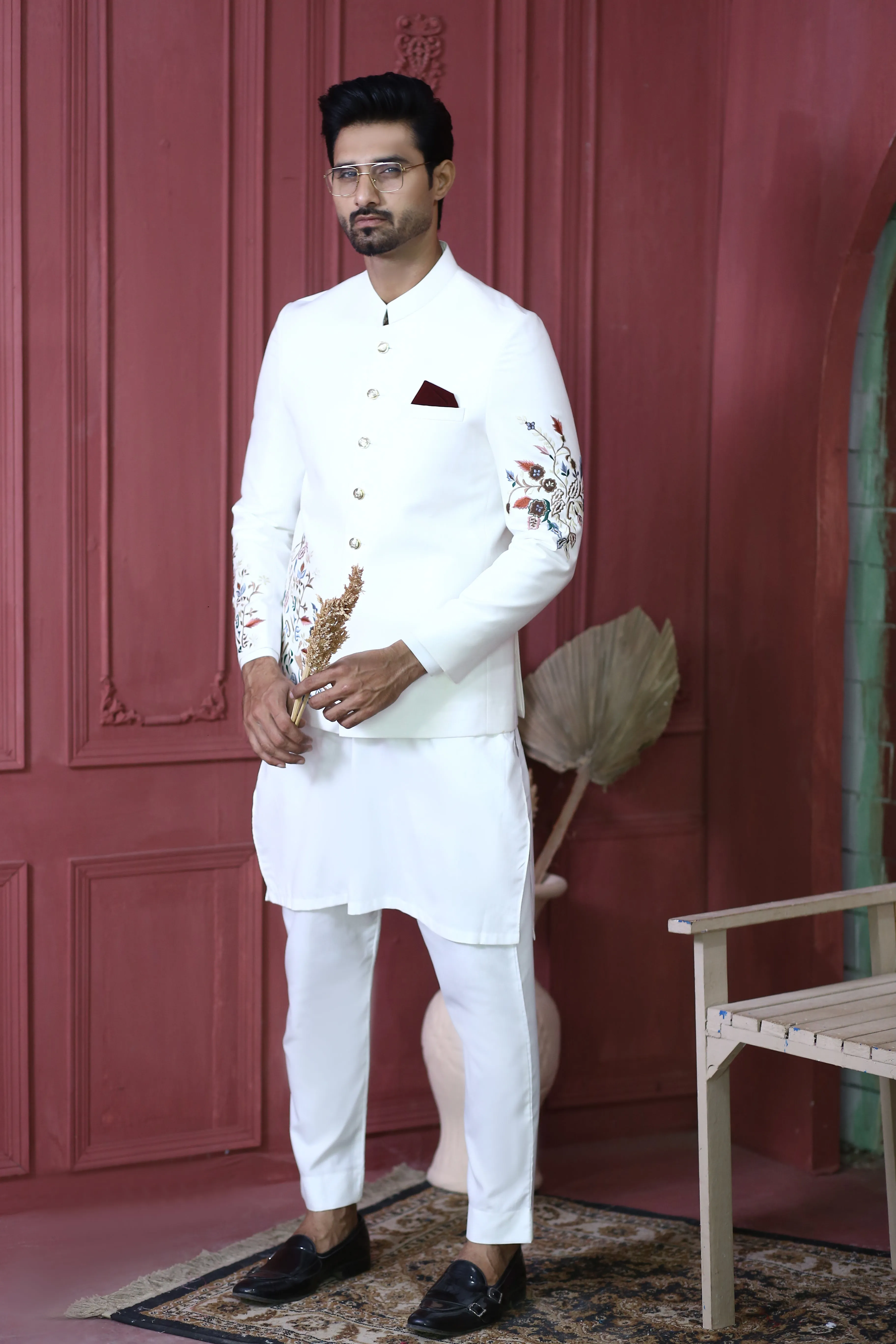 ER PC 3002 White Flower Embroided Nikkah Prince Coat For Men