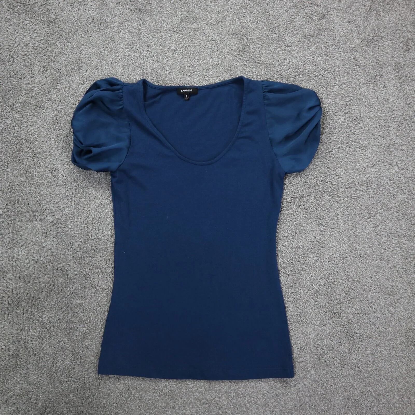 Express Womens V Neck T Shirt Top Balloon Sleeves Pullover Blue Size Small