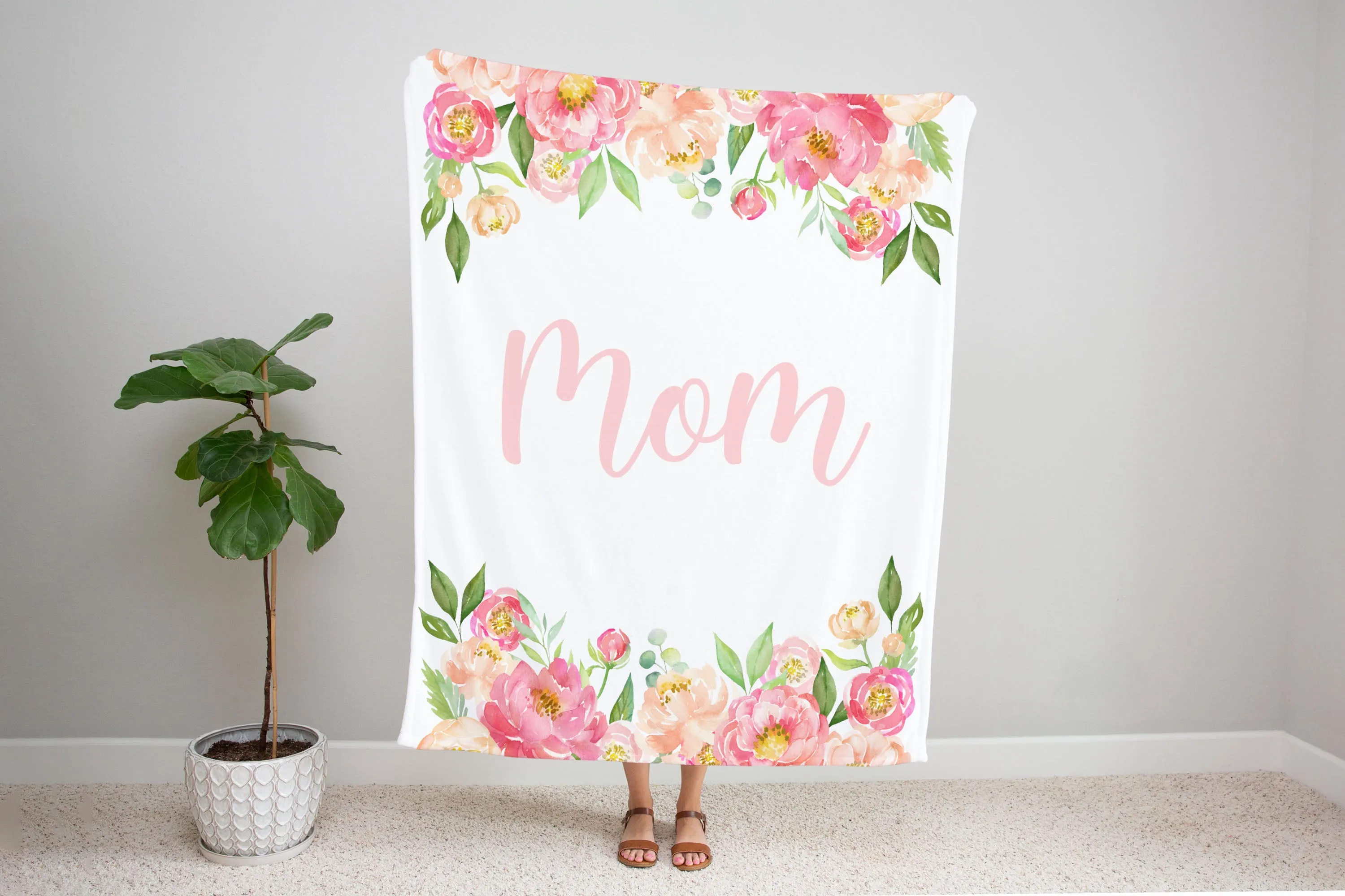 Family Name Minky Blanket - Peony Frame Floral on White *2 Layer