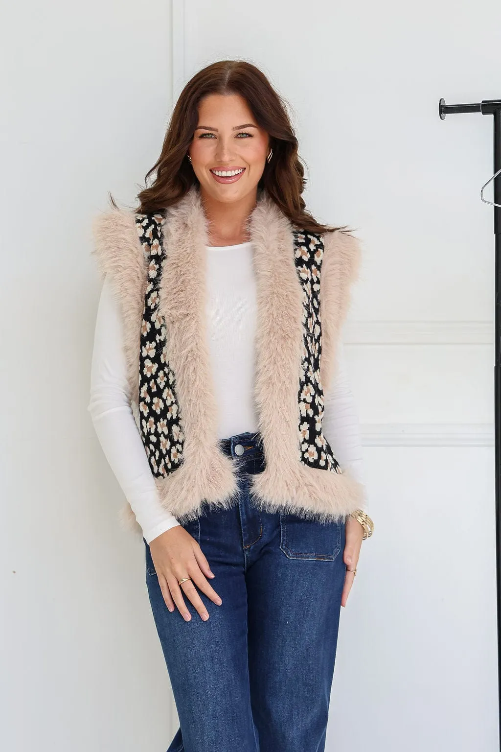 Faux Fur Trim Lombard Vest - Black Leopard Print - PREORDER