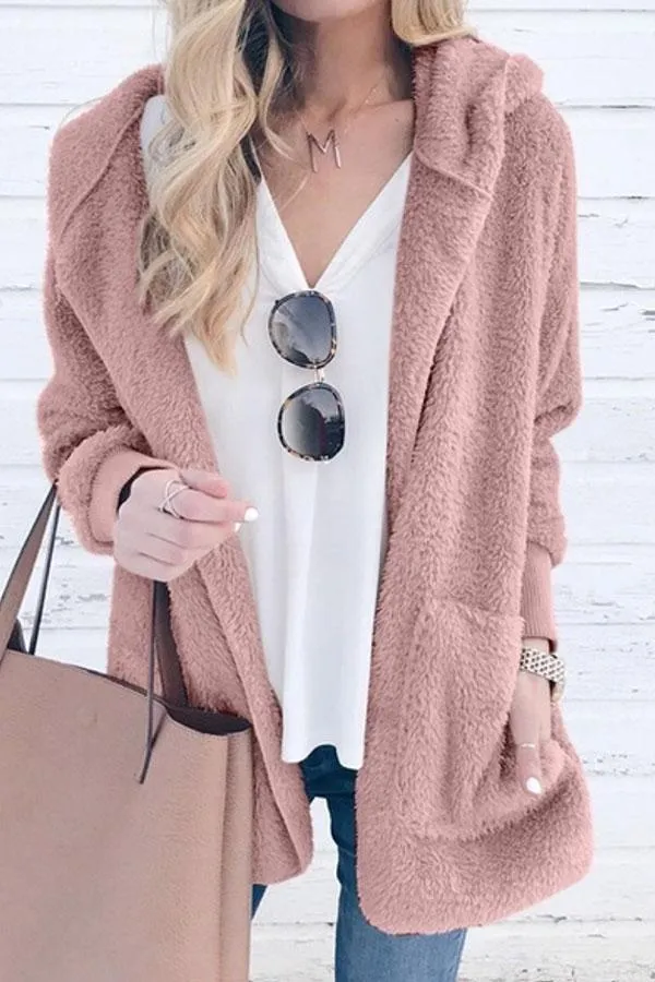 Florcoo Solid Color Plush Cap Long Sleeve Cardigan Coat