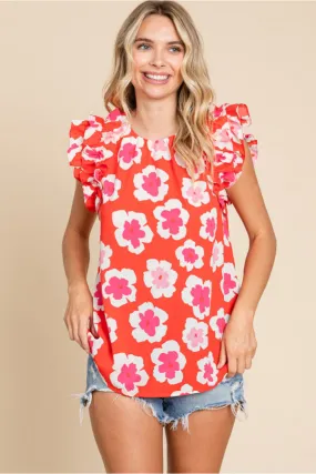 Flower Pattern Print Top W/U-Neck