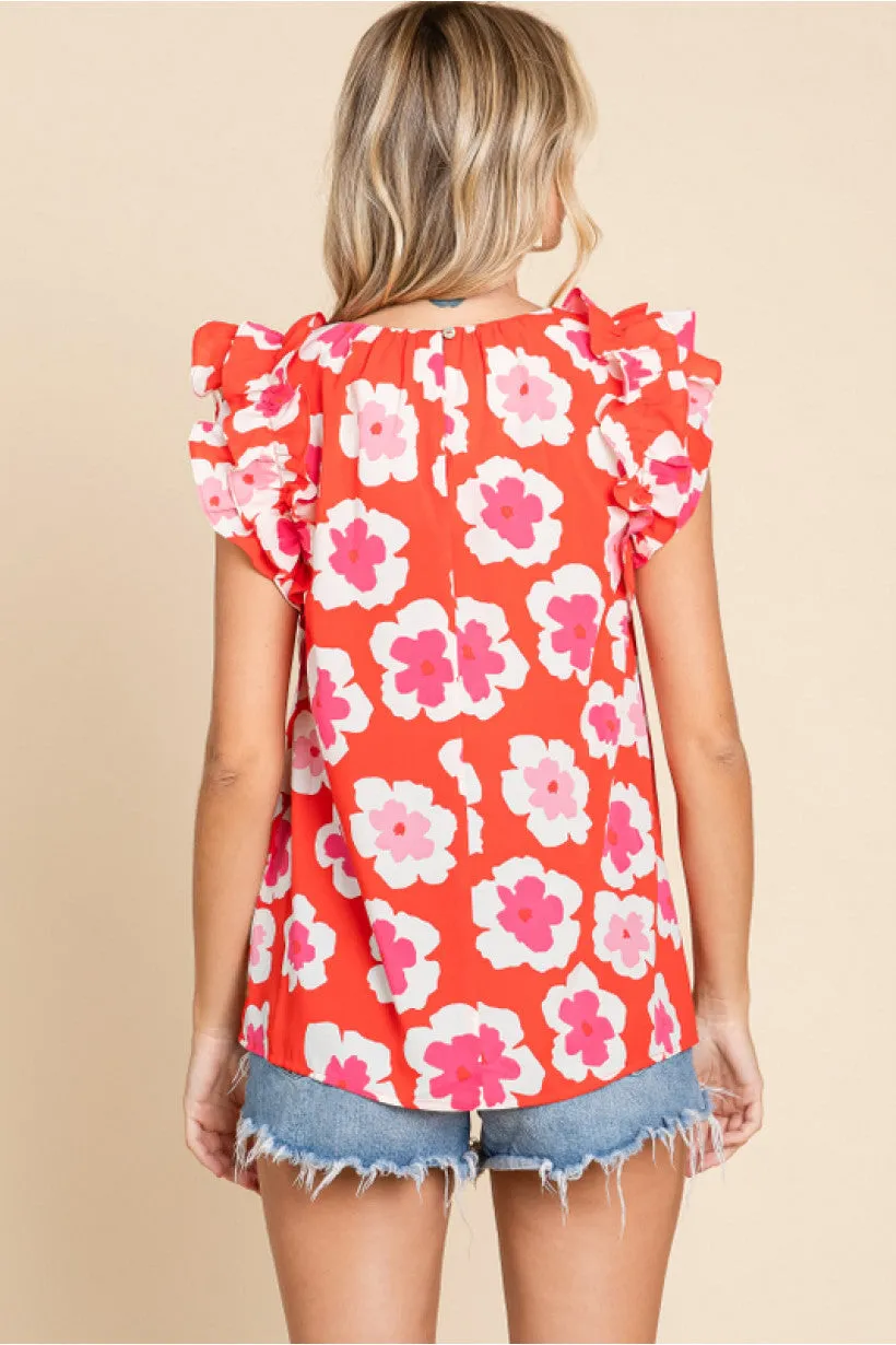 Flower Pattern Print Top W/U-Neck