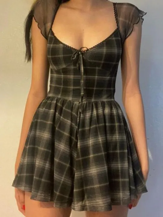 FLYTONN-Sexy spring and summer dresses, party dresses, graduation gifts,Lattice Short Sleeve Mini Dress