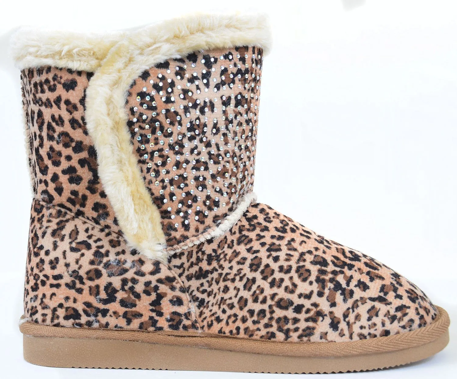 Fur Rhinestone Faux Shearling Leopard Round Toe Ankle Women's Boot