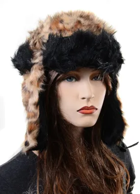 Furry All Over Vegan Friendly Leopard Cold Weather Ushanka Trapper Hat