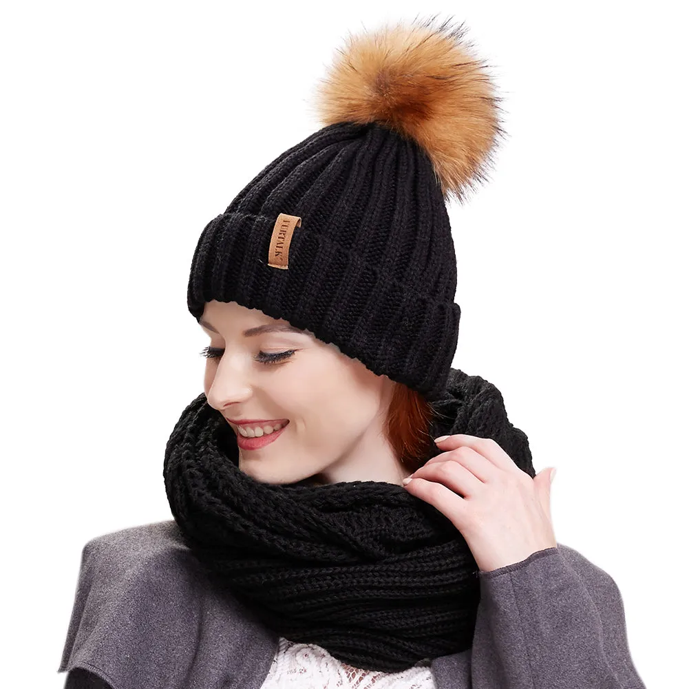 FURTALK Women Real Fur Pom Pom Hat Scraf Set Drop Shipping  SFFW034